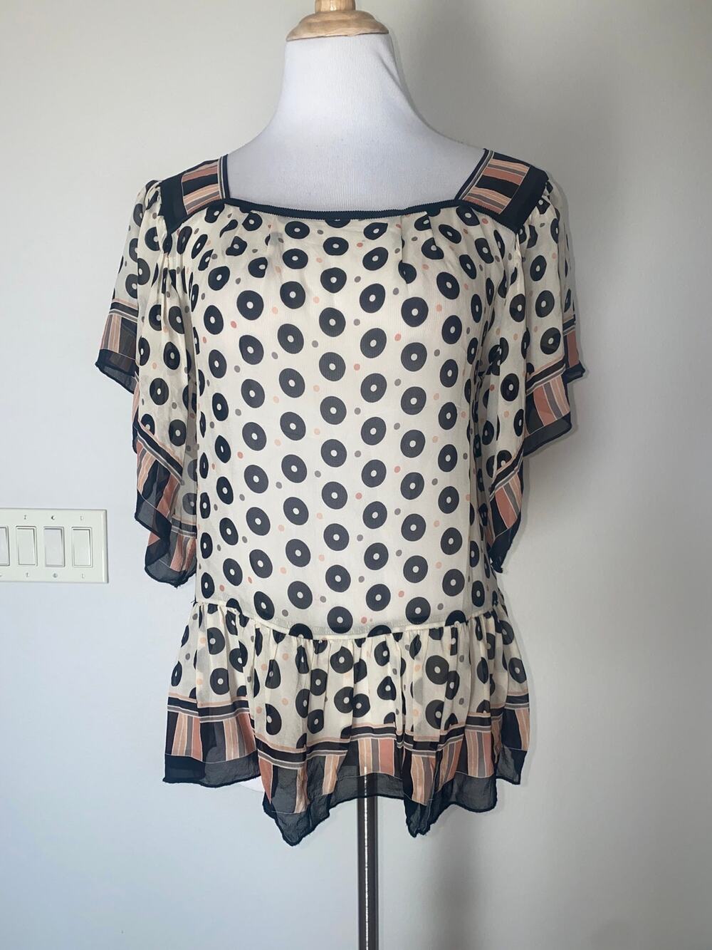 Anna Sui Y2K Vintage Silk Blouse Peplum S/S Square Neck size Medium